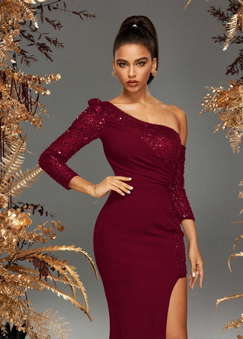 Бордовое праздничный, вечернее платье на одно плечо SHEIN однотонное
