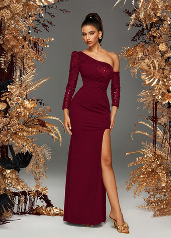 Бордовое праздничный, вечернее платье на одно плечо SHEIN однотонное