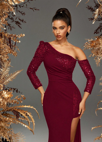 Бордовое праздничный, вечернее платье на одно плечо SHEIN однотонное