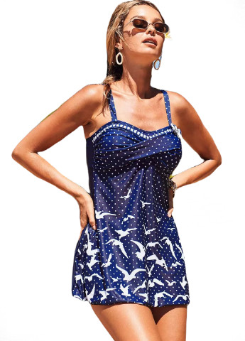 Синий демисезонный 9090 купальник-платье с бантиком синий с рисунками птиц купальник-платье Ods