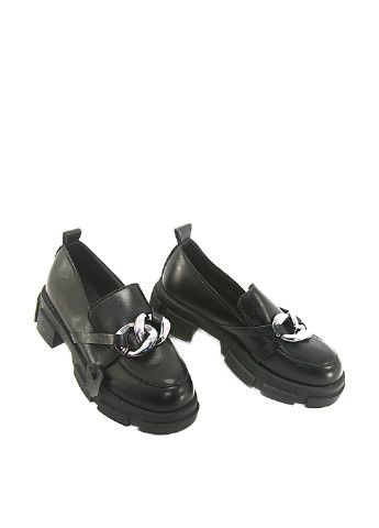 Черные женские кэжуал туфли с цепочками, на тракторной подошве на среднем каблуке - фото