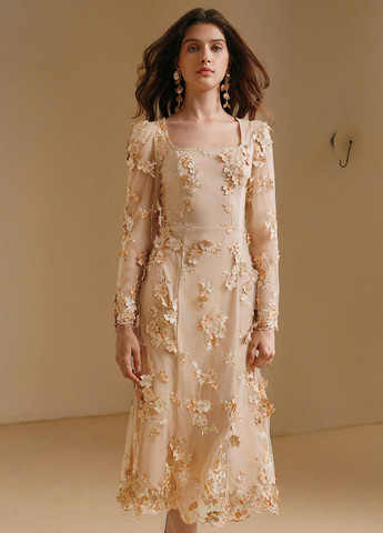 Бежевое праздничный, вечернее, кэжуал платье а-силуэт SHEIN с цветочным принтом