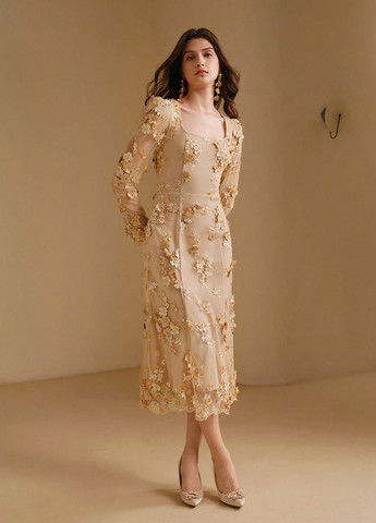 Бежевое праздничный, вечернее, кэжуал платье а-силуэт SHEIN с цветочным принтом