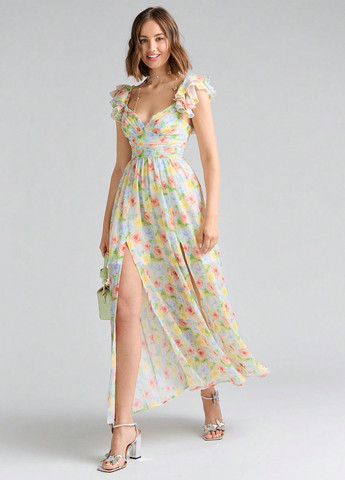 Комбинированное кэжуал платье в стиле ампир, с открытой спиной SHEIN с цветочным принтом