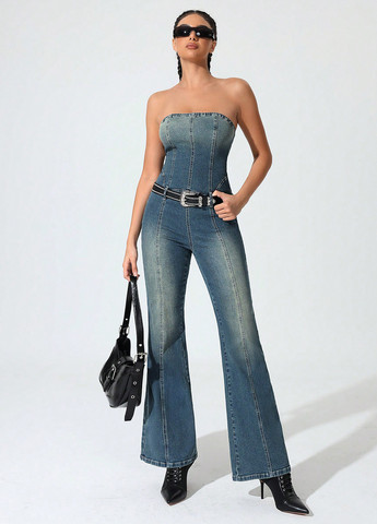 Комбинезон SHEIN комбинезон-брюки варенка синий денил хлопок, джинс