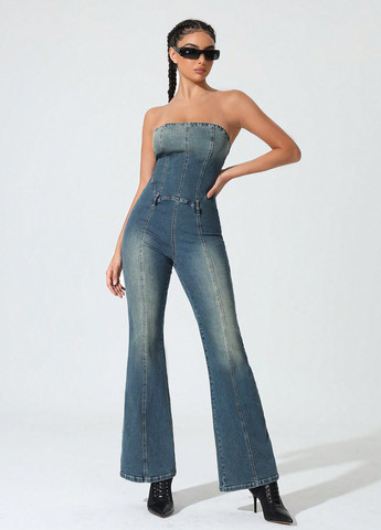 Комбинезон SHEIN комбинезон-брюки варенка синий денил хлопок, джинс