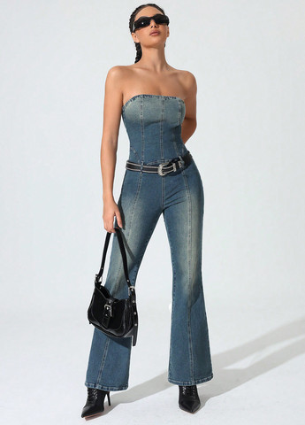 Комбинезон SHEIN комбинезон-брюки варенка синий денил хлопок, джинс