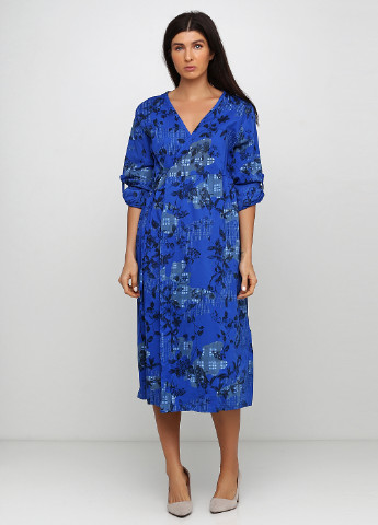 Синее кэжуал платье на запах New Collection с абстрактным узором