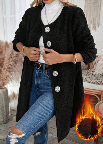 Чорне зимнє Пальто однобортне SHEIN