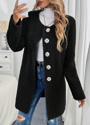 Чорне зимнє Пальто однобортне SHEIN