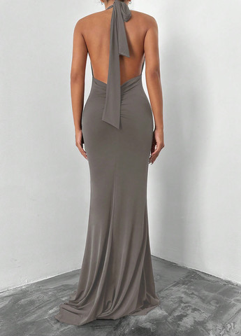 Серо-бежевое кэжуал платье с открытой спиной SHEIN однотонное