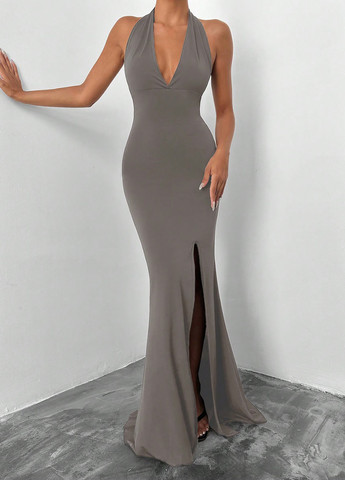 Серо-бежевое кэжуал платье с открытой спиной SHEIN однотонное