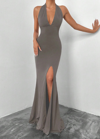 Серо-бежевое кэжуал платье с открытой спиной SHEIN однотонное