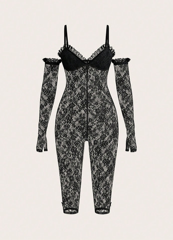 Комбінезон SHEIN комбінезон-шорти квітковий чорний відвертий мереживо, поліамід