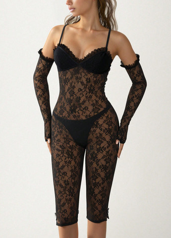 Комбінезон SHEIN комбінезон-шорти квітковий чорний відвертий мереживо, поліамід