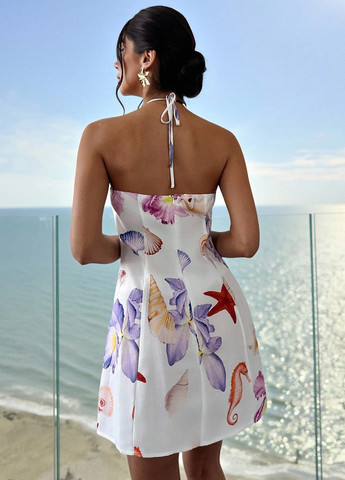 Молочна кежуал сукня кльош, з відкритою спиною SHEIN з квітковим принтом