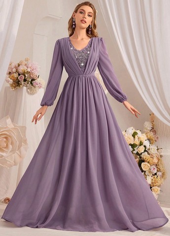 Лиловое вечернее платье с юбкой-солнце SHEIN однотонное