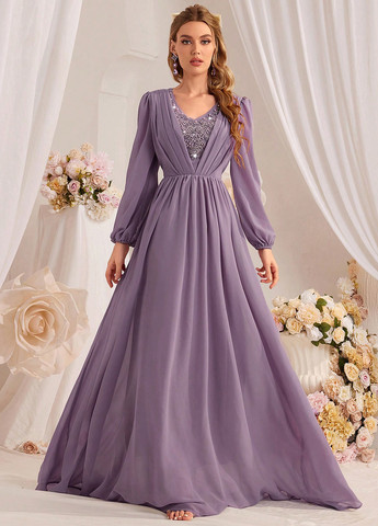 Лиловое вечернее платье с юбкой-солнце SHEIN однотонное