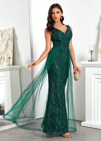 Изумрудное вечернее платье годе SHEIN однотонное