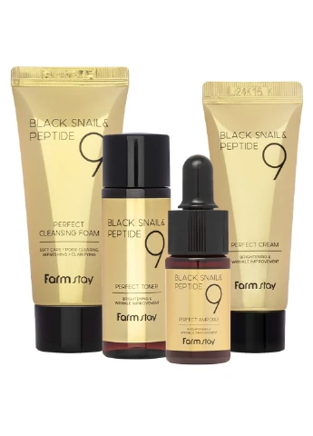 Антивіковий набір з муцином чорного равлика та 9 пептидами Black Snail and Peptide9 Perfect 4 Step Mini Kit Edition FarmStay (253384920)