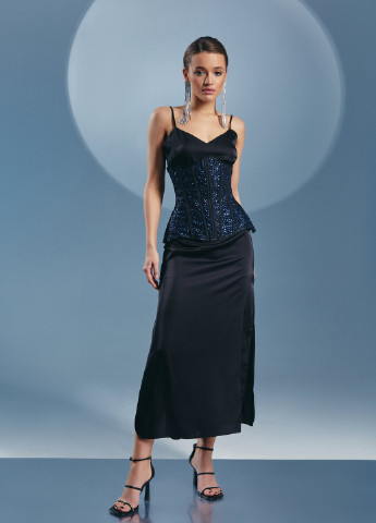 Синя вечірня чорна сукня комбінація з корсетом Gepur однотонна