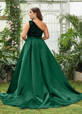 Темно-зеленое вечернее платье годе, со шлейфом, на одно плечо SHEIN однотонное