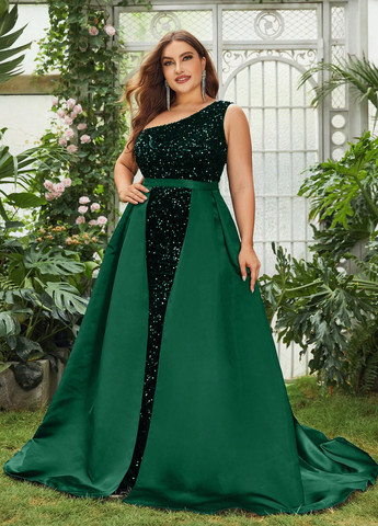 Темно-зеленое вечернее платье годе, со шлейфом, на одно плечо SHEIN однотонное