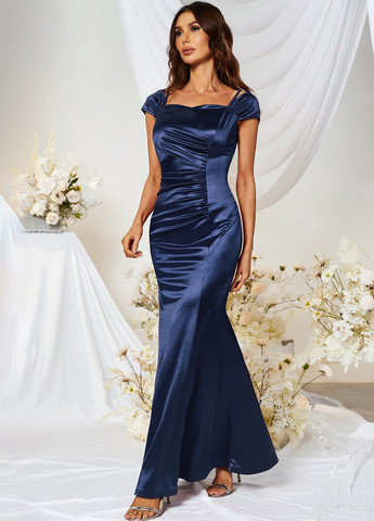 Темно-синя вечірня сукня годе, з відкритими плечима SHEIN однотонна