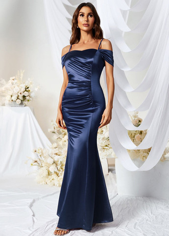 Темно-синя вечірня сукня годе, з відкритими плечима SHEIN однотонна