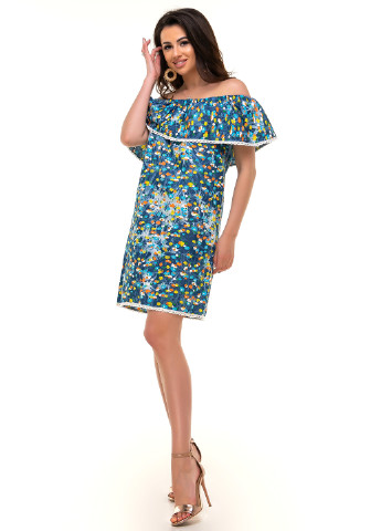 Темно-бирюзовое кэжуал платье с открытыми плечами Olsa с абстрактным узором