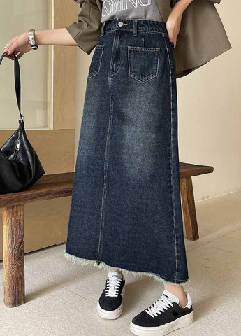 Темно-синяя джинсовая, кэжуал однотонная юбка SHEIN а-силуэта (трапеция)