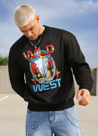 Черный свитшот SHEIN рисунок без декора (329544507)