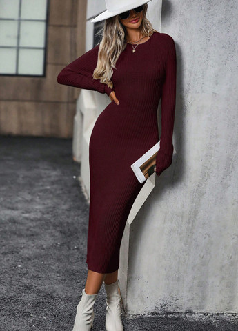 Бордовое кэжуал платье силуэтная, платье-свитер SHEIN однотонное
