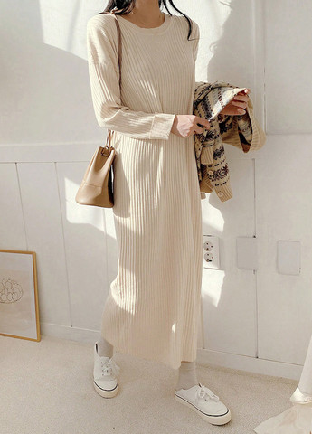 Светло-бежевое кэжуал платье платье-свитер SHEIN однотонное