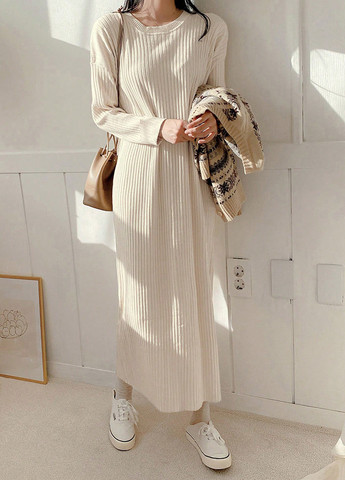 Светло-бежевое кэжуал платье платье-свитер SHEIN однотонное