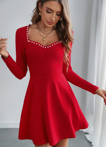 Червона коктейльна сукня силуетна, з спідницею-сонце SHEIN однотонна
