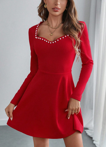 Червона коктейльна сукня силуетна, з спідницею-сонце SHEIN однотонна