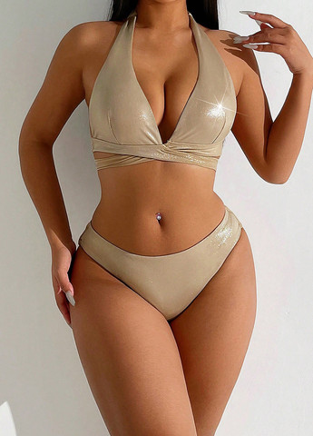 Кремовий літній купальник (ліф, трусики) халтер, роздільний SHEIN