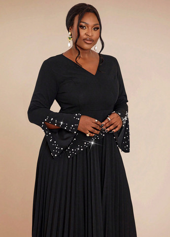 Черное праздничный, вечернее платье а-силуэт, плиссированное SHEIN однотонное