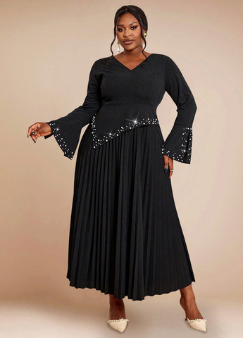 Черное праздничный, вечернее платье а-силуэт, плиссированное SHEIN однотонное