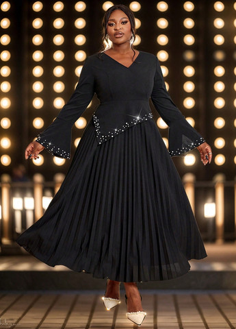 Черное праздничный, вечернее платье а-силуэт, плиссированное SHEIN однотонное