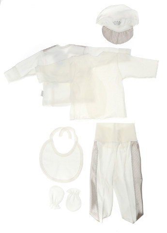 Молочный демисезонный комплект (распашонка (2 шт.), ползунки, шапка, слюнявчик, царапки) Bebetto
