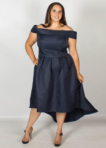 Темно-синя коктейльна плаття, сукня з відкритими плечима, з спідницею-сонце Chi Chi однотонна