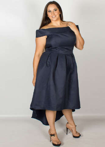 Темно-синее коктейльное платье с открытыми плечами, с юбкой-солнце Chi Chi однотонное