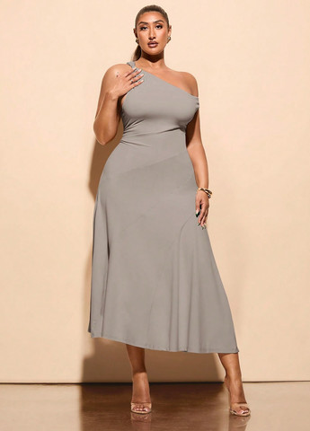 Серое коктейльное платье клеш SHEIN однотонное