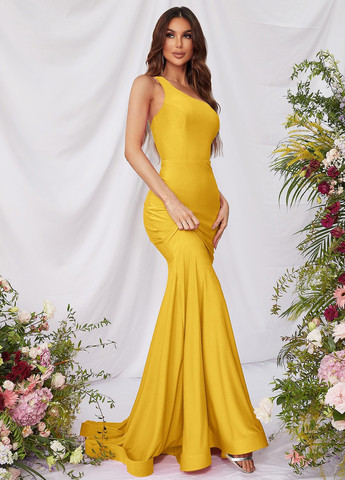 Жовтий вечірня, святковий сукня годе, на одне плече SHEIN однотонна