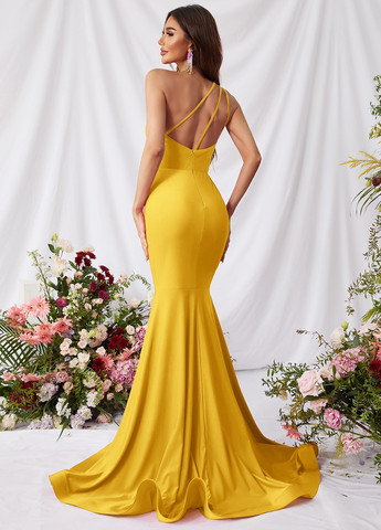 Жовтий вечірня, святковий сукня годе, на одне плече SHEIN однотонна