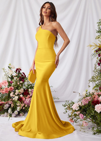 Жовтий вечірня, святковий сукня годе, на одне плече SHEIN однотонна