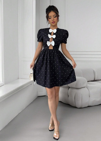 Черное праздничный, вечернее платье клеш, а-силуэт SHEIN в горошек