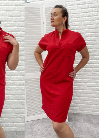 Красное кэжуал женское льняное платье летнее Fashion Girl однотонное